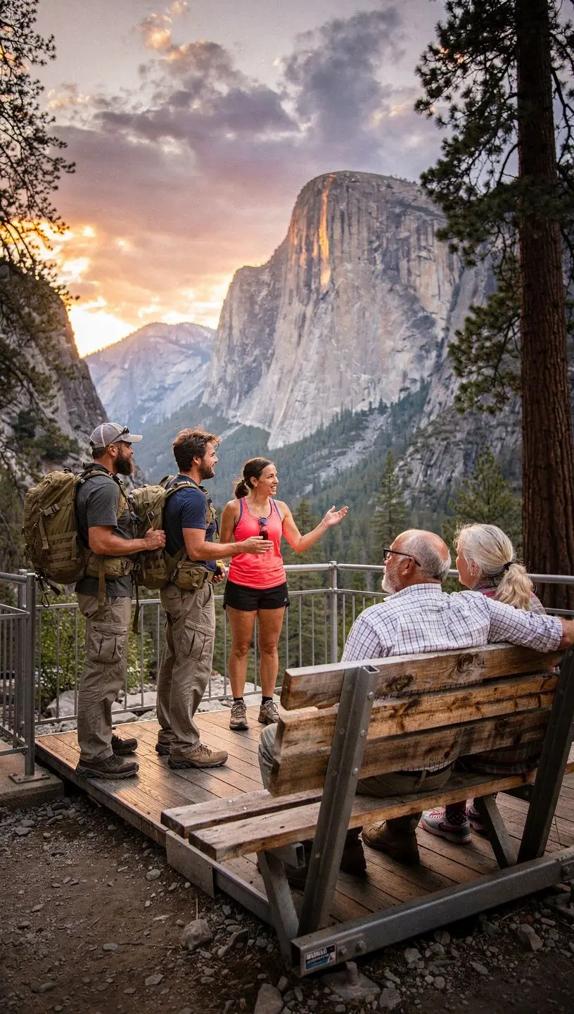 Фотограф на временной обзорной платформе делает профессиональные снимки туристов на фоне природного заповедника.